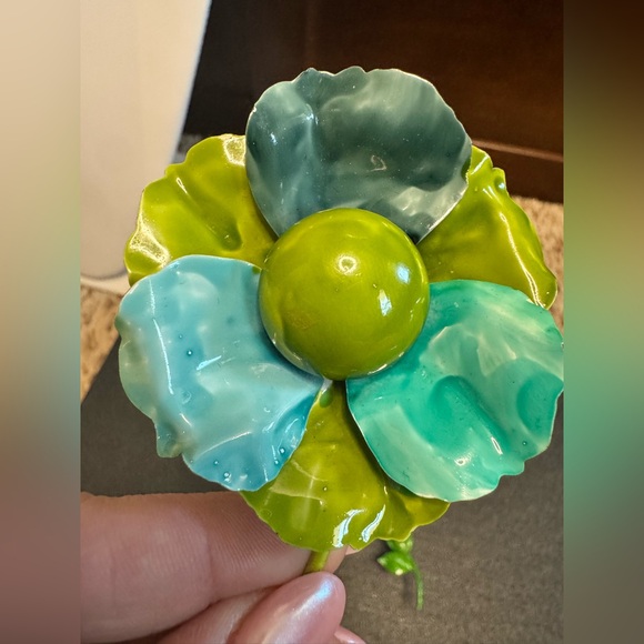 Vintage Floral Enamel Brooch Set - Blue and Green - Picture 3 of 7